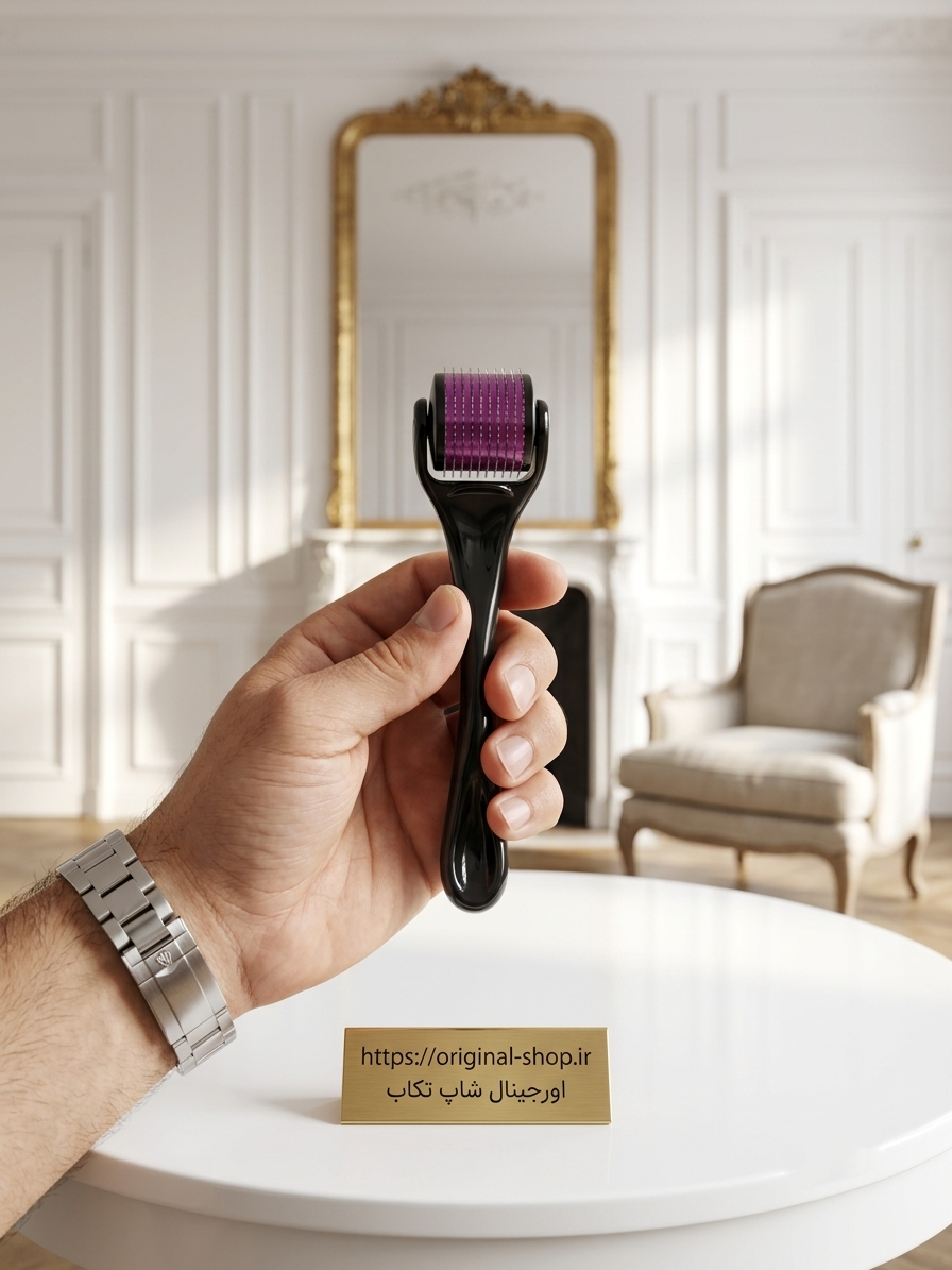 درمارولر 540 سوزنه Skin Roller مشکی برای میکرونیدلینگ خانگی، جوانسازی پوست، کاهش جای جوش، اسکار و افزایش کلاژن‌سازی.