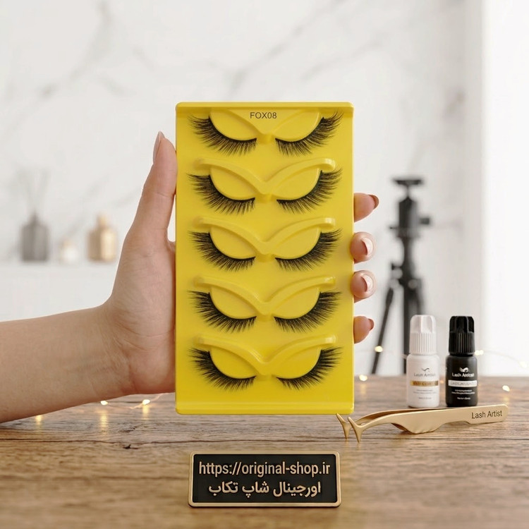 مژه مصنوعی زرد رنگ مدل FOX08 برند Lash Artist به همراه پنس طلایی و دو عدد چسب مژه