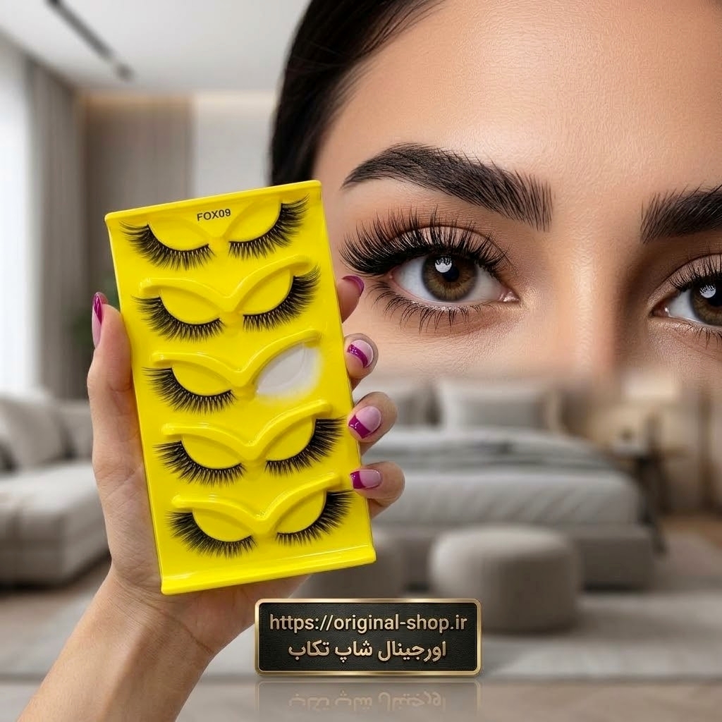 پک مژه مصنوعی ۵ جفتی سه بعدی مدل FOX09 با افکت چشم روباهی روی پایه زرد رنگ